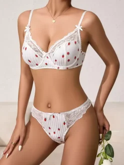 Ensembles 2 pièces de lingerie de mariée en dentelle à motif de fruits : soutien-gorge et culotte blancs