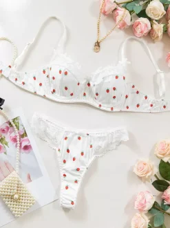 Ensembles 2 pièces de lingerie de mariée en dentelle à motif de fruits : soutien-gorge et culotte blancs