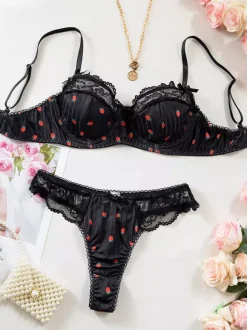 Ensembles 2 pièces de lingerie de mariée en dentelle à motif de fruits : soutien-gorge et culotte blancs