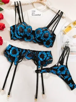 Ensembles 3 pièces de lingerie de mariée : soutien-gorge et culotte blancs transparents à imprimé floral