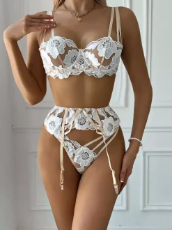 Ensembles 3 pièces de lingerie de mariée : soutien-gorge et culotte blancs transparents à imprimé floral