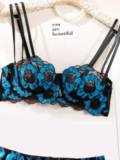 Ensembles 3 pièces de lingerie de mariée : soutien-gorge et culotte blancs transparents à imprimé floral