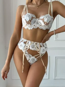 Ensembles 3 pièces de lingerie de mariée : soutien-gorge et culotte blancs transparents à imprimé floral