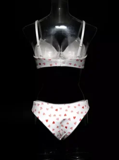 Ensembles 2 pièces de lingerie de mariée à motif c艙urs : soutien-gorge et culotte blancs.