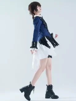 Ensembles robe et pantalon Ouji Lolita bleu marine foncé manches longues n艙uds classiques manteau et pantalon