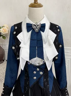 Ensembles robe et pantalon Ouji Lolita bleu marine foncé manches longues n艙uds classiques manteau et pantalon