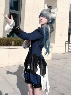 Ensembles robe et pantalon Ouji Lolita bleu marine foncé manches longues n艙uds classiques manteau et pantalon