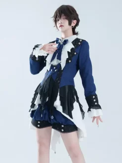 Ensembles robe et pantalon Ouji Lolita bleu marine foncé manches longues n艙uds classiques manteau et pantalon