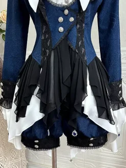 Ensembles robe et pantalon Ouji Lolita bleu marine foncé manches longues n艙uds classiques manteau et pantalon