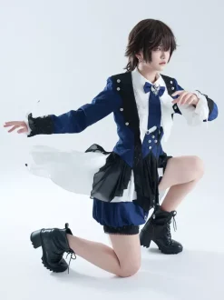 Ensembles robe et pantalon Ouji Lolita bleu marine foncé manches longues n艙uds classiques manteau et pantalon