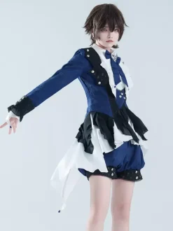 Ensembles robe et pantalon Ouji Lolita bleu marine foncé manches longues n艙uds classiques manteau et pantalon