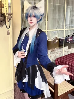 Ensembles robe et pantalon Ouji Lolita bleu marine foncé manches longues n艙uds classiques manteau et pantalon