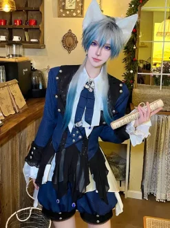 Ensembles robe et pantalon Ouji Lolita bleu marine foncé manches longues n艙uds classiques manteau et pantalon