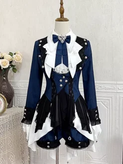 Ensembles robe et pantalon Ouji Lolita bleu marine foncé manches longues n艙uds classiques manteau et pantalon