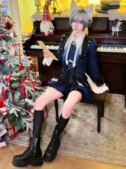 Ensembles robe et pantalon Ouji Lolita bleu marine foncé manches longues n艙uds classiques manteau et pantalon
