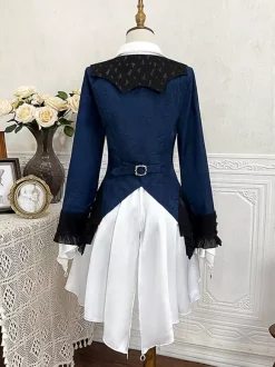Ensembles robe et pantalon Ouji Lolita bleu marine foncé manches longues n艙uds classiques manteau et pantalon