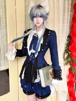 Ensembles robe et pantalon Ouji Lolita bleu marine foncé manches longues n艙uds classiques manteau et pantalon