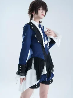 Ensembles robe et pantalon Ouji Lolita bleu marine foncé manches longues n艙uds classiques manteau et pantalon