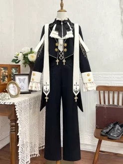 Ensembles robe Ouji Lolita gothique noire classique à volants chemise à manches longues croisées manteau et pantalon