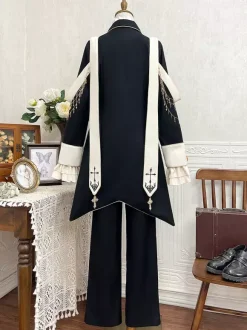 Ensembles robe Ouji Lolita gothique noire classique à volants chemise à manches longues croisées manteau et pantalon
