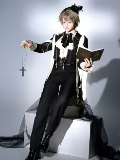 Ensembles robe Ouji Lolita gothique noire classique à volants chemise à manches longues croisées manteau et pantalon