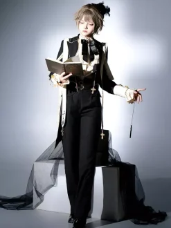 Ensembles robe Ouji Lolita gothique noire classique à volants chemise à manches longues croisées manteau et pantalon