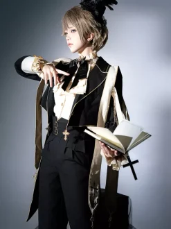 Ensembles robe Ouji Lolita gothique noire classique à volants chemise à manches longues croisées manteau et pantalon