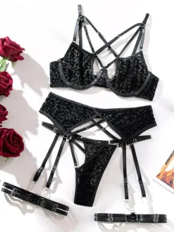 Ensembles Soutien-Gorge Culotte Noir Découpé Léopard 4 Pièces Lingerie Sexy Adulte