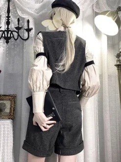 Ensemble Steampunk Lolita Salopette Pantalon Sans Manches Gris