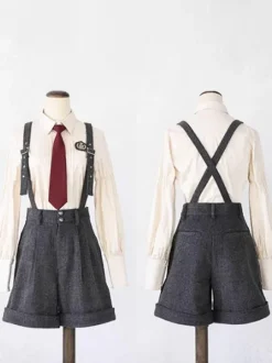 Ensemble Steampunk Lolita Salopette Pantalon Sans Manches Gris
