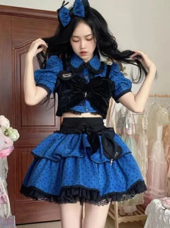 Ensemble Style Idole Lolita Tenues Bleu Pois Manches Courtes Top Jupe