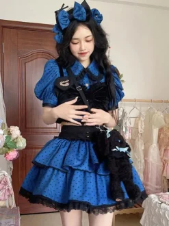 Ensemble Style Idole Lolita Tenues Bleu Pois Manches Courtes Top Jupe
