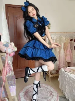 Ensemble Style Idole Lolita Tenues Bleu Pois Manches Courtes Top Jupe