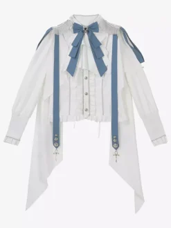 Ensemble uniforme militaire Lolita chemise à manches longues et jupe corset ensemble deux pièces costume Lolita de style prince chevalier blanc et bleu