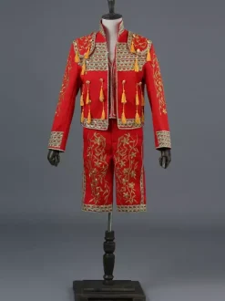 Ensemble vintage rouge à franges brodées vintage à manches longues et pantalon en polyester costumes rétro pour homme