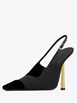 Escarpins à bride arrière en satin noirs à talons aiguilles bout carré