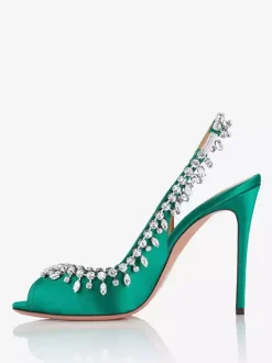 Escarpins à bride arrière en satin à bout ouvert et strass chaussures de fête à talons hauts