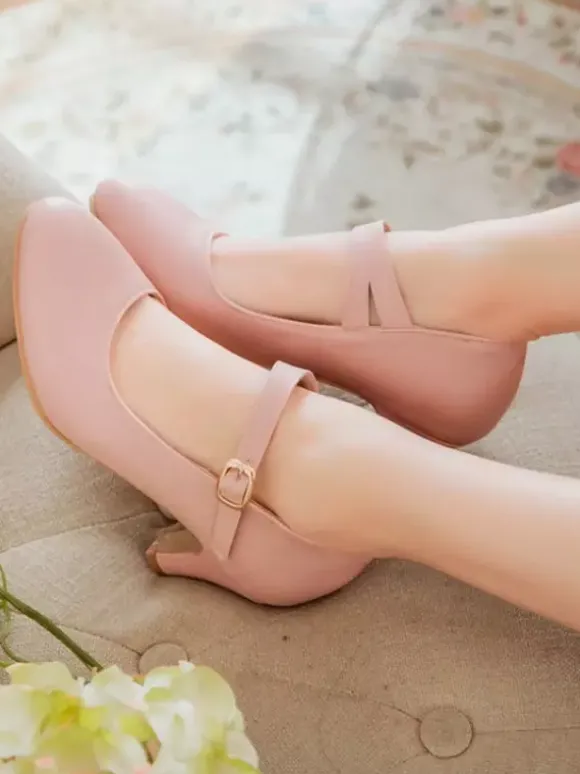 Escarpins à Mary Jane Talons Mi-Hautes à Cuir Synthétique avec Bout Rond Unicolore avec Boucles