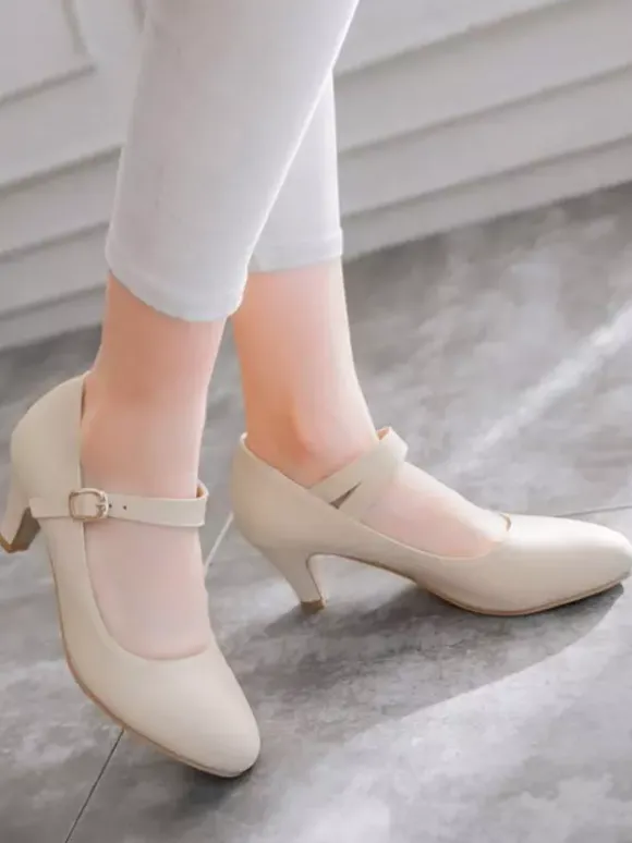 Escarpins à Mary Jane Talons Mi-Hautes à Cuir Synthétique avec Bout Rond Unicolore avec Boucles