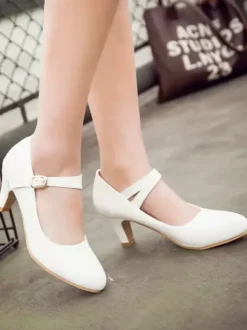 Escarpins à Mary Jane Talons Mi-Hautes à Cuir Synthétique avec Bout Rond Unicolore avec Boucles