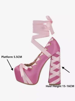 Escarpins à plateforme en satin bout rond lacets talon épais