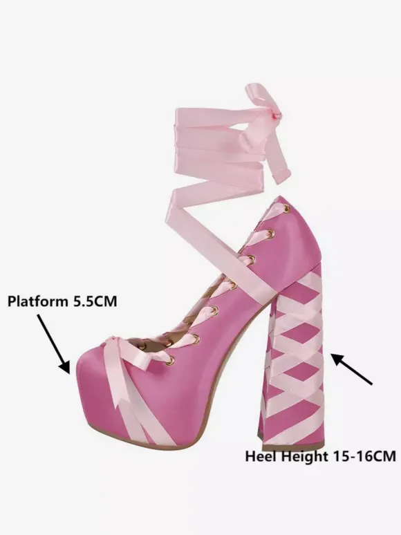 Escarpins à plateforme en satin bout rond lacets talon épais