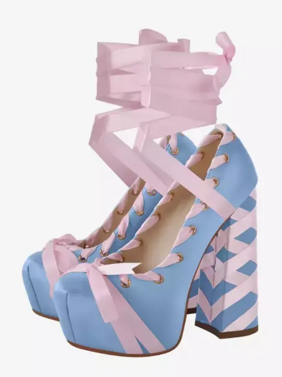 Escarpins à plateforme en satin bout rond lacets talon épais