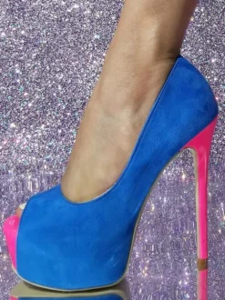 Escarpins à plateforme en daim bleu bout rond talons hauts sexy