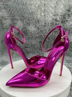 Escarpins à talons hauts métallisés à bout pointu et bride cheville chaussures de soirée