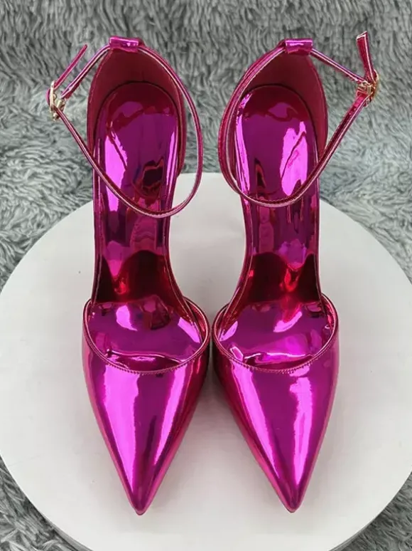 Escarpins à talons hauts métallisés à bout pointu et bride cheville chaussures de soirée