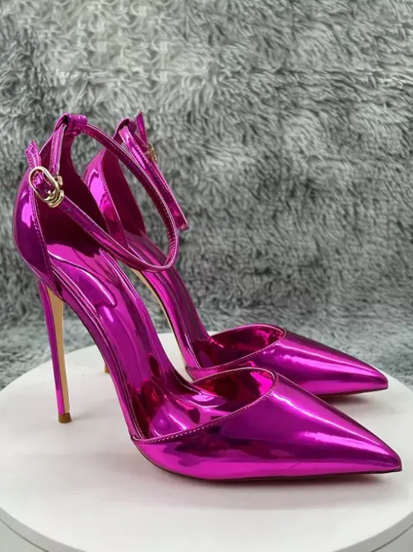 Escarpins à talons hauts métallisés à bout pointu et bride cheville chaussures de soirée