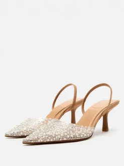 Escarpins à talons mi-bas pour femmes avec strass et bout pointu style streetwear blanc