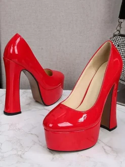 Escarpins avec Plateforme à Talons Hauts avec Bout Rond en Cuir Synthétique Unicolore