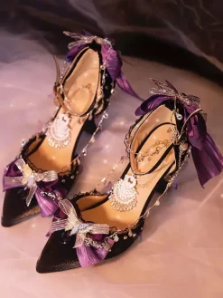 Escarpins Chaussures gothiques Lolita Chaînes noires N艙uds Volants à talons aiguilles